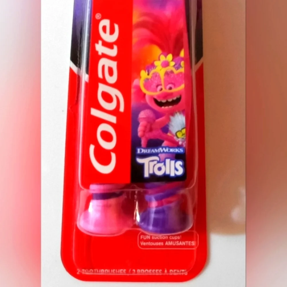 TWO Trolls (Colgate) Kids Extra Soft Suction Bottom + 2 Bonus Brushes